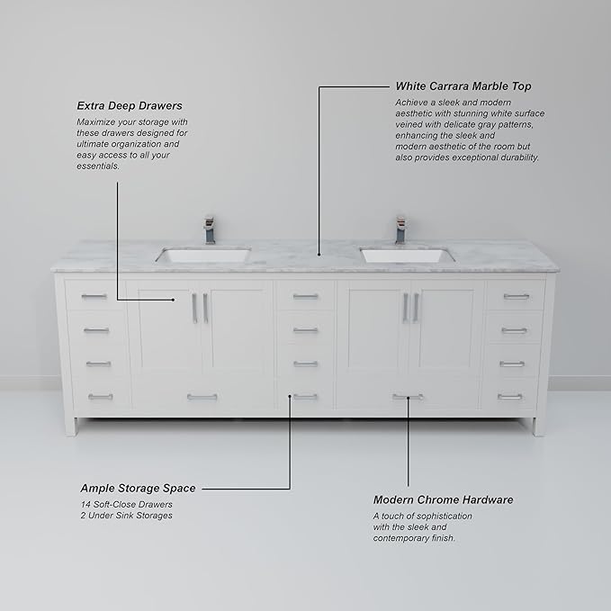 Big Sur 84 in. W x 22 in. D White Double Bath Vanity and Carrara Marble Top