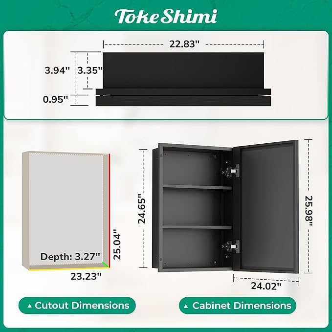 TokeShimi 24x26 Recessed Medicine Cabinet with Mirror Wall Mounted, Metal Beveled Mirror with Storage for Bathroom Vanity, Aluminum Alloy Medicine Cabinet Mirrored Black