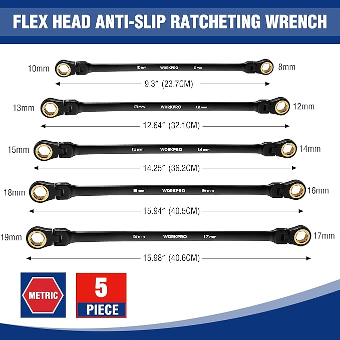 WORKPRO Extra Long Flex-Head Ratcheting Wrench Set, 5-piece Anti-Slip Double Box Wrenches Set, Metric 8-19 mm, 72-Teeth, Cr-V Steel and Black Electrophoretic Coating Wrenches with Rolling Pouch