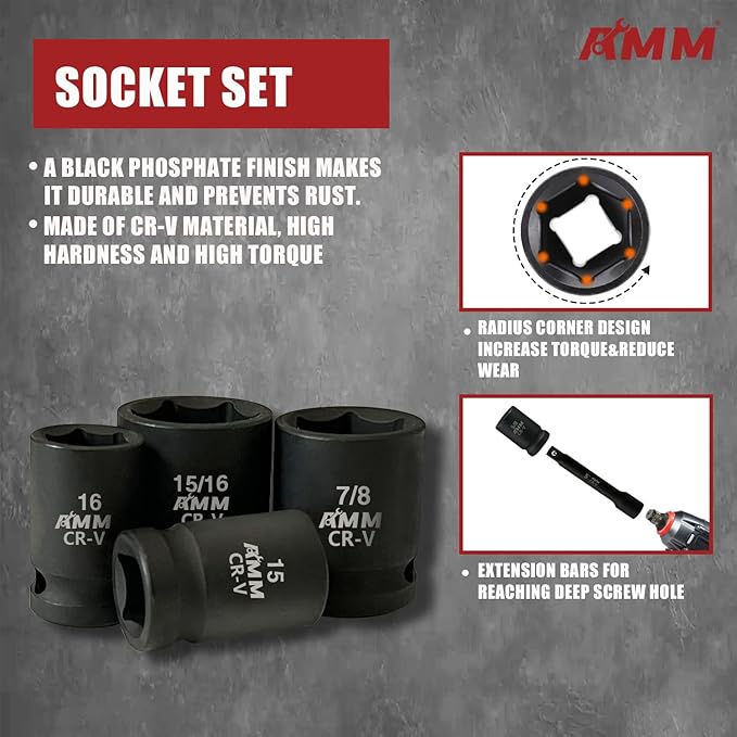 AMM 1/2" Drive Master Impact Socket Set, 24-Piece Shallow Standard SAE (7/16-Inch to 1-Inch) & Metric (13-24 mm) Sizes, Socket Assortment with Ratchet Handle，Cr-V Steel