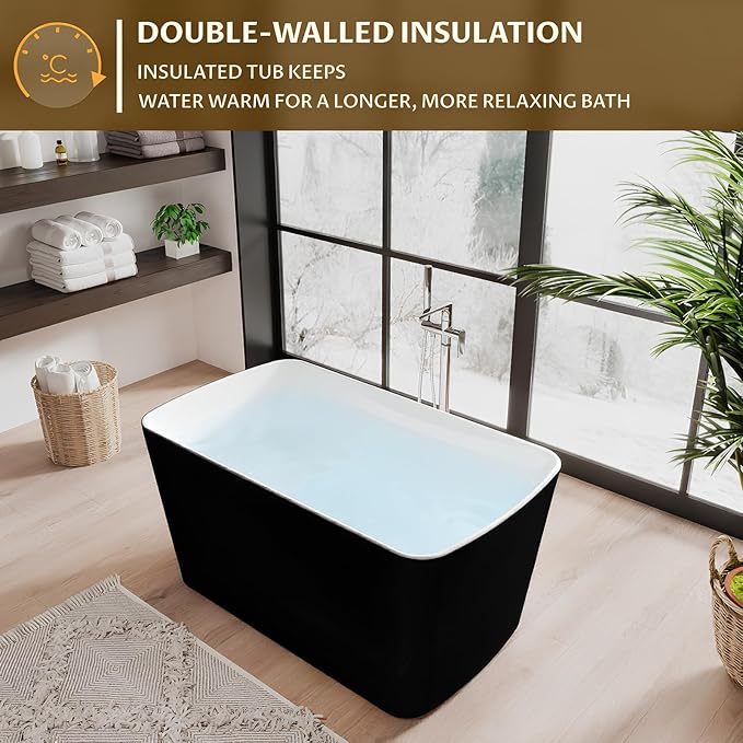 Acrylic Freestanding Bathtub, Soaking Tub with Seat, Toe-Tap Drain, Slotted Overflow, Deep Ergonomic Design, CUPC Certified, Black, 49"