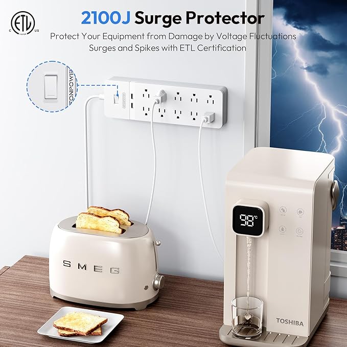 NTONPOWER 25 Ft Extension Cord, 2100J Surge Protector Power Strip with 10 Widely Spaced Outlets 2 USB Ports, Overload Protection, Wall Mountable for Indoor, Home, Office or Garage,White