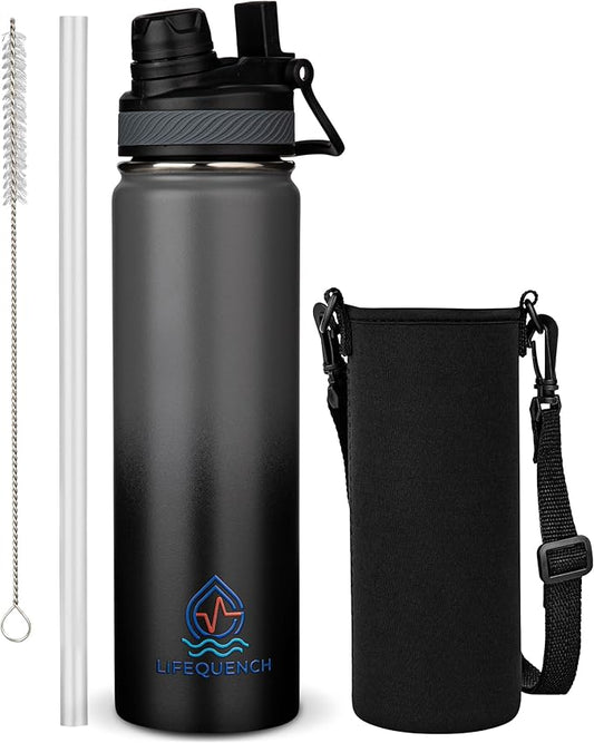 Insulated Water Bottle with Straw and Handle 22 oz-Stainless Steel Water Bottles with Straw, Dual Cap Function & Sleeve, Keeps Drinks Hot Up to 12 Hours & Cold Up to 24 Hours (Rock)