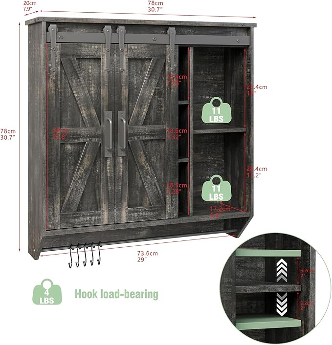 Farmhouse Medicine Cabinet 2 Sliding Barn Doors 3 Tier Rustic Wood Wall Storage Cabinet Adjustable Shelf Towel Bar Wall Mounted Bathroom Wall Cabinet