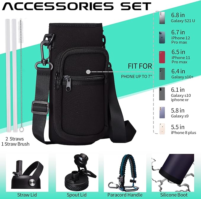 Vacuum Insulated Water Bottle 32oz - with Straw & Spout Lids, Paracord Handle, Shoulder Carrier Bag, Large Sport Stainless Steel Water Bottle, Double-wall Metal Water Bottle Thermal Hydro Mug Flask