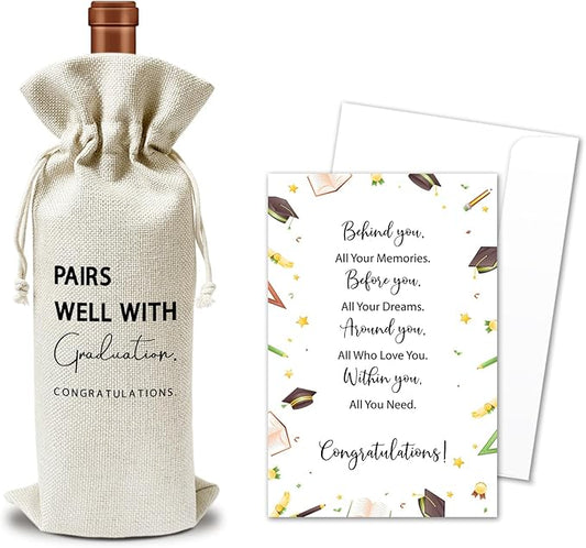 Graduation Wine Gift Bags & Card, Graduation Gifts for Him Her Son Daughter College, Pairs Well With Graduation, 1 pcs Reusable Burlap Wine Gift Bags for Wine Bottles, Graduation Party Decor Favor -28