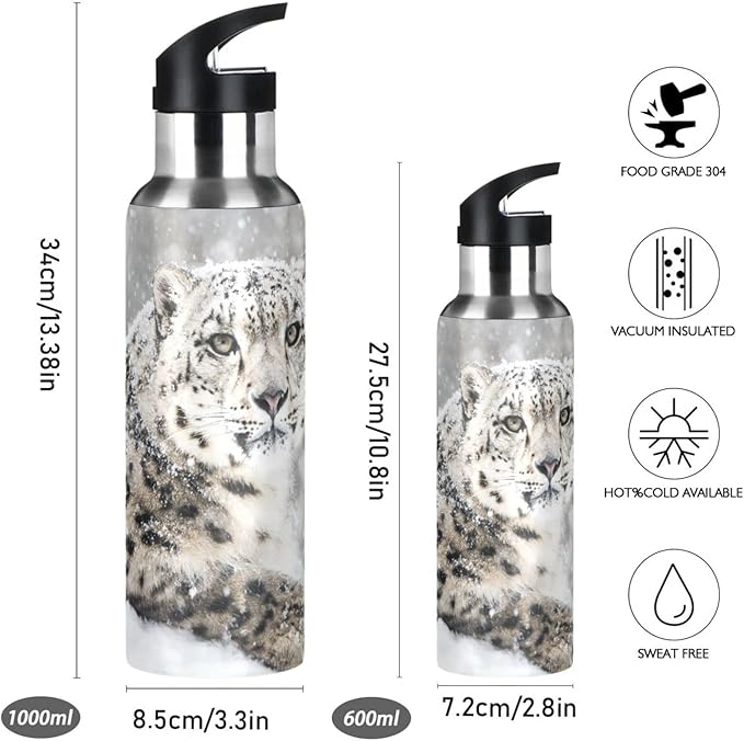 senya 20 Oz Water Bottle with Straw Snow Leopard Stainless Steel Water Bottle for Traveling Sports Leakproof Insulated Water Bottle
