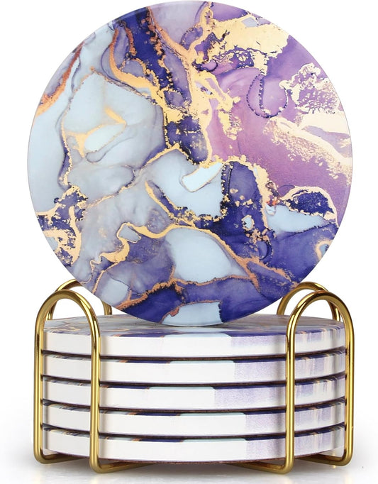 Purple Agate Coasters with Holder Drink Coaster Set of 6 Modern Marble Coasters Unique Coaster for Coffee Table Decor Gift Women Kitchen Accessories Bar Coster Cup Cool Cute Ceramic Coasters