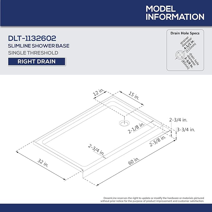 DreamLine SlimLine 32 in. D x 60 in. W x 2 3/4 in. H Right Drain Single Threshold Shower Base in Biscuit, DLT-1132602-22