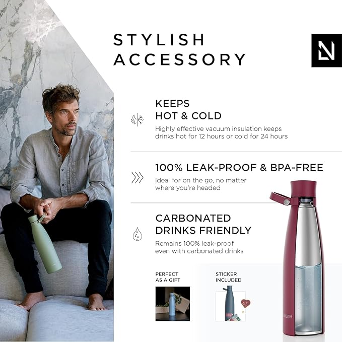 LARS NYSØM Stainless Steel Insulated Water Bottle 25oz 34oz | BPA-free Insulated Thermo Flask for Hot and Cold Beverages | Leakproof Drinking Bottle (Berry, 25oz)