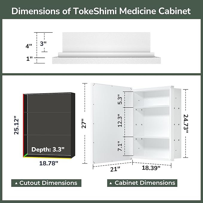 TokeShimi 21x27 Recessed Medicine Cabinet with Mirror, White Bathroom Medicine Cabinet with Mirror, Bathroom Beveled Mirror with Storage, Aluminum Frame, Stepless Adjustable Shelves