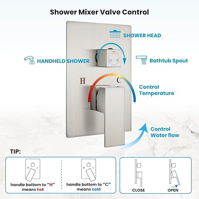 gotonovo Rain Shower Faucet System Set Rainfall Shower Head with Handheld Sprayer Waterfall Tub Spout Wall Mounted Mixer Combo Rough-in Valve and Trim Included 8 Inch Showerhead Brushed Nickel