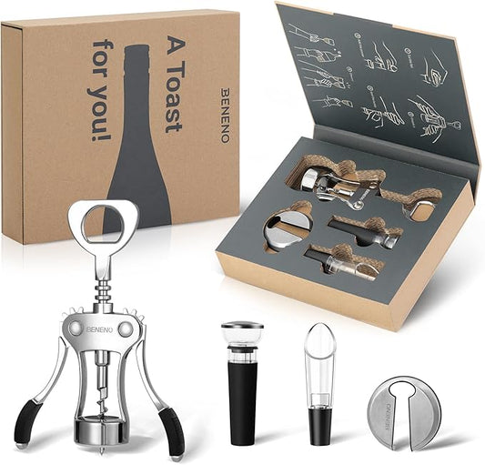 Wine Opener Gift Set Premium Wing Corkscrew Wine Bottle Opener with Multifunctional Bottles Opener, Wine Foil Cutter, Wine Vacuum Stopper, Wine Aerator Pourer Upgrade for Wine Lovers Man Woman, Silver
