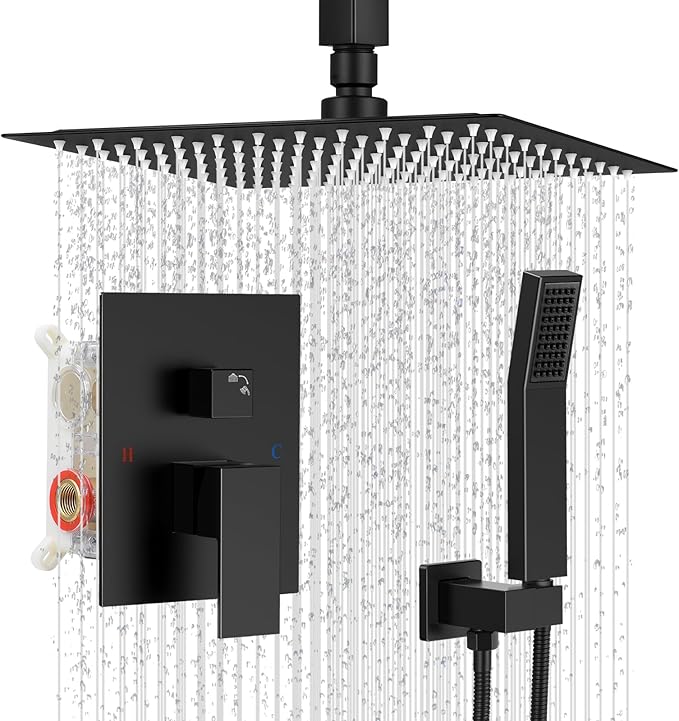 Ceiling Mount Shower Faucet Set Square Showerhead Bathroom Rainfall Shower System Stainless Steel Shower Trim Kit 10 Inches (Matte Black)