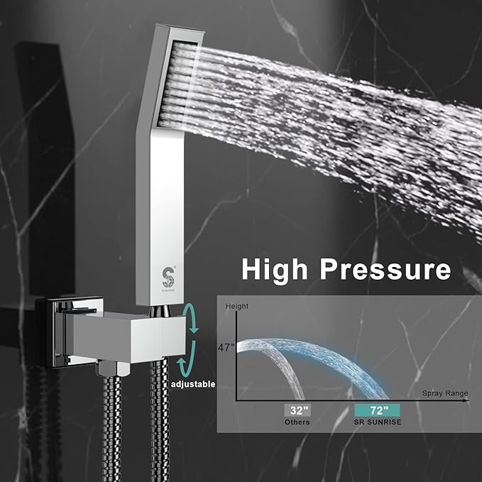 SR SUN RISE 8 Inches Wall Mounted Bathtub Shower Faucet Set All Metal Shower System with Tub Spout, Rain Shower Head and Handheld Sprayer Combo Shower Set, Modern Valve and Trim Kit, Polished Chrome