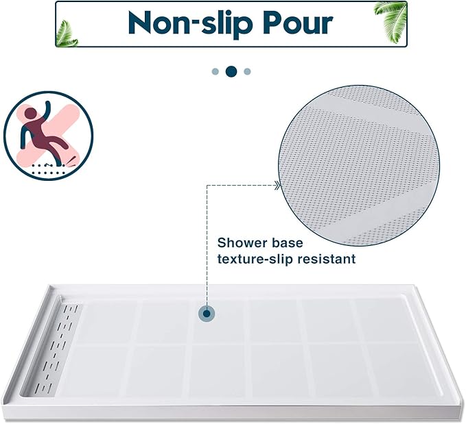 ELEGANT 48'' L x 32'' W x 4'' H Shower Base with 304 Left Trench Stainless Steel Drain Solid Surface Shower Pan White Including Drain Cover