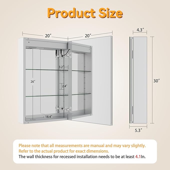 20x30In Medicine Cabinet with Lights, Recessed or Wall Mount LED Medicine Cabinet Mirror for Bathroom, with Defog, 3 Color Temperature & Stepless Dimming, Double Sockets & USBs(Right Door)