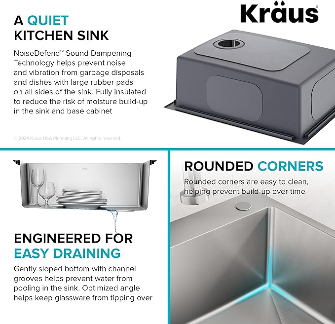 KRAUS Fairlane 25-inch Drop In/Top Mount Single Bowl 18-Gauge Stainless Steel Kitchen Sink, KHT641-25