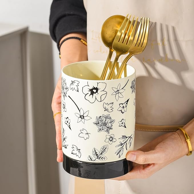 Small Utensil Holder for Kitchen Counter H5.9 x W4.1”, Ceramic Floral Cooking Utensil Crocks Countertop Organizer with Flowers