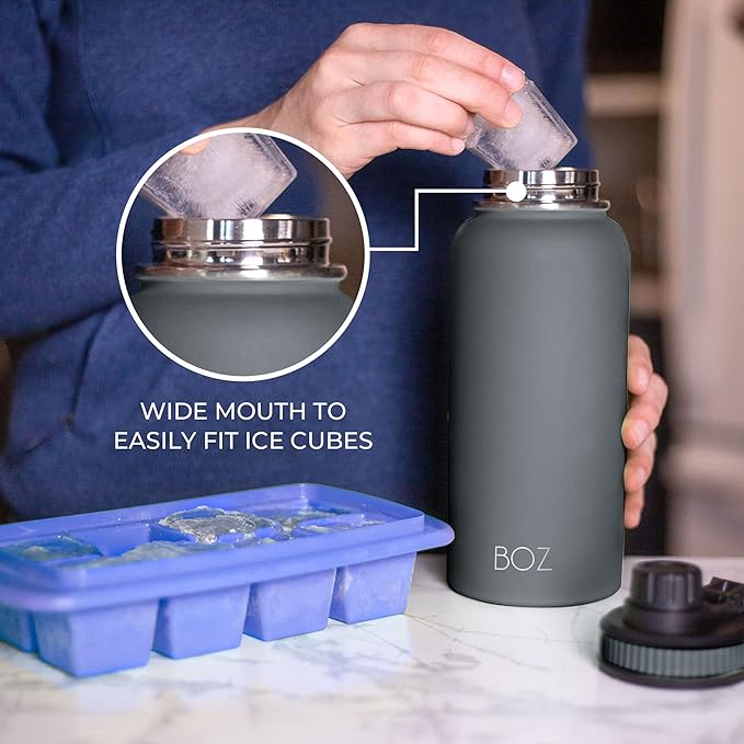 BOZ Stainless Steel Water Bottle - Vaccum Insulated Water Bottle 32 Oz - Wide Mouth BPA Free Sport Water Bottle for Gym with Spout Lid - Thermal Hot & Cold 1 Litre Gray Water Bottle