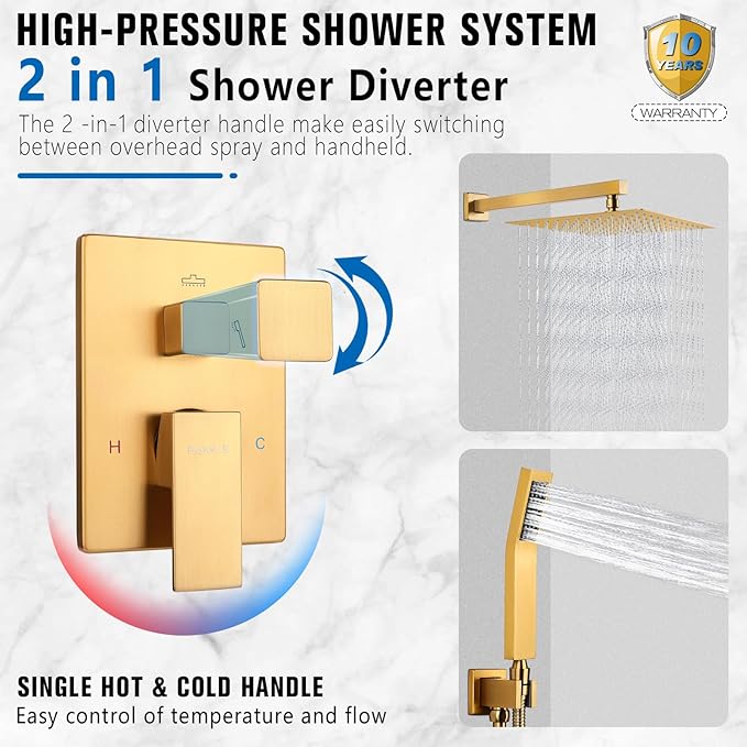 12 Inch Rainfall Shower System - Wall Mounted Complete Combo with Solid Brass Pressure Balancing Valve, High Pressure Shower Head, Handle Set & Installation Accessories Brushed Gold