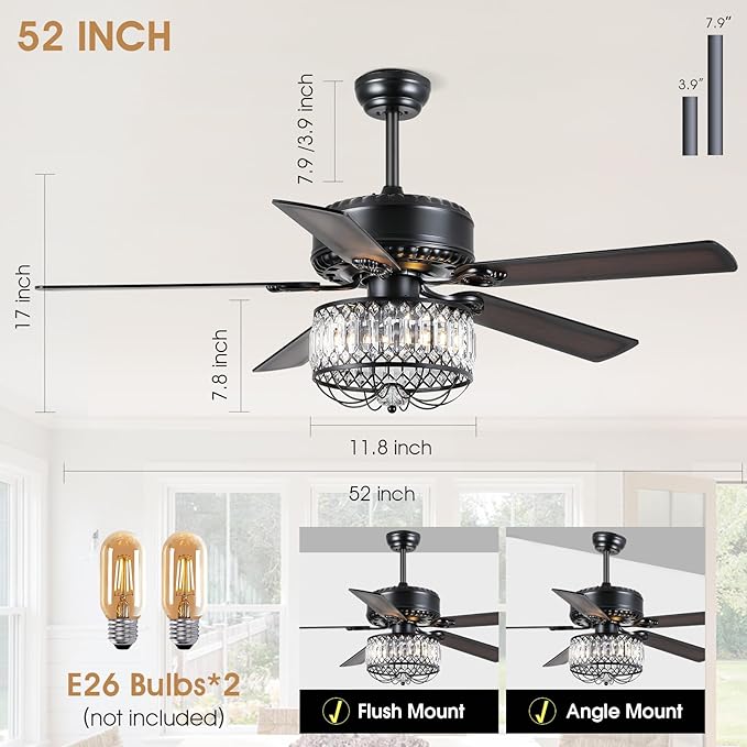 Chandelier Ceiling Fans with Lights - 52 Inch Modern Farmhouse Fandelier Ceiling Fan with Remote, Crystal Ceiling Fan Light for Bedroom Living Dining Room, Dual Finish Wooden Blades, Black