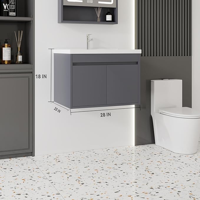 28'' Bathroom Vanity with Ceramic Sink Combo, Wall Mounted Small Bathroom Vanity with Soft-Close Door Modern Floating Cabinet, Pop-up Drain, P-Trap Included, Gray(No Faucet)