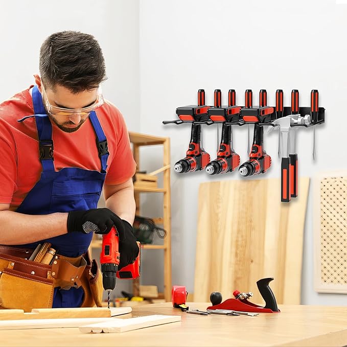 Drill Holder Power Tool Organizer Wall Mount, 4 Cordless Drill Racks with Screwdriver Hole, Heavy Duty Metal Garage Tool Organizer Storage for Tool Room Workshop Basement(1 Tier Black)