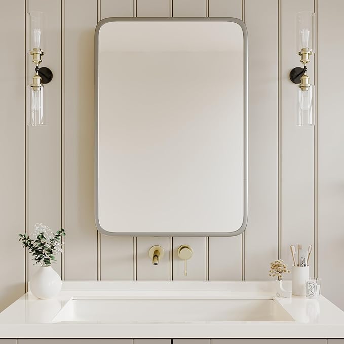 Bathroom Wood Black Cabinet with 20''x30'' Brushed Nickel Metal Frame Curved Mirror, Recessed Medicine Cabinet, Bathroom Storage Cabinet