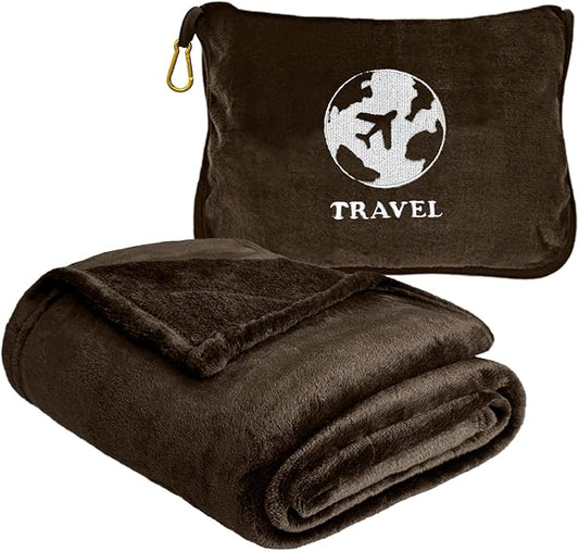 Bnuitland Travel Blanket and Pillow 2 in 1, Soft Flannel Airplane Blanket in Bag Compact-Long Flight Essential for Adults and Kids, Portable Luggage Sleeve and Backpack Clip, 65×40 inch Coffee Brown