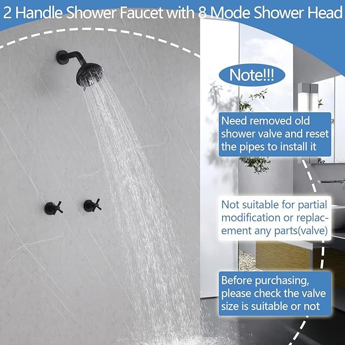 2 Handle Shower Faucet,Wall Mounted Two Handles Shower Faucet Set with 8 Modes Rainfall Shower Head,2 Knobs Single Function Shower Trim Kit with Rough-in Valve,Matte Black