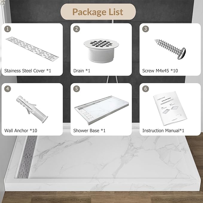 MORVANO 60 x 32 Shower Base with Single Threshold Rectangular Left Drain Location Shower Base,Shower Pan With Stainess Steel Cover,Marble White Acrylic Shower Base