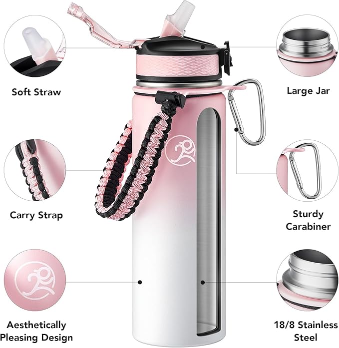 GOSWAG Insulated Sports Water Bottle, 24oz 2 Lids(with Straw/No Straw), Stainless Steel Water Bottles with Paracord Handle, Insulated Thermos with Double-Wall Vacuum Insulation