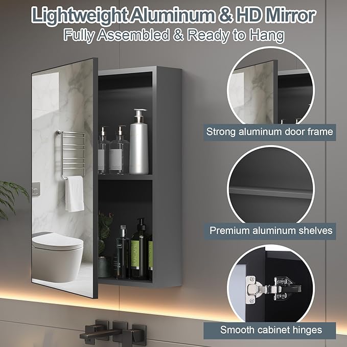 24 x 32 inch Bathroom Medicine Cabinet with Mirror, Black Metal Framed Mirror Medicine Cabinet with Storage, Pre-Assemble Medicine Cabinets, Recessed or Surface Mount