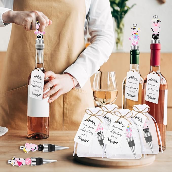 Gisafai 12 Set Cow Beadable Wine Stoppers Baby Shower Wedding Favors for Guests Decorative Beaded Wine Bottle Stopper with Cow Beads Organza Bag Tag for Wedding Cow Party Favor Souvenirs Gifts