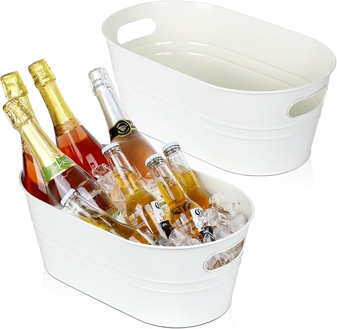 Galvanized Tub 2 Pcs 3 Gallon Metal Beverage Ice Buckets for Parties Drink Wine Beer Champagne Vintage Tin Large Buckets with Scoops for Cocktail Mimosa Bar Supplies (White)