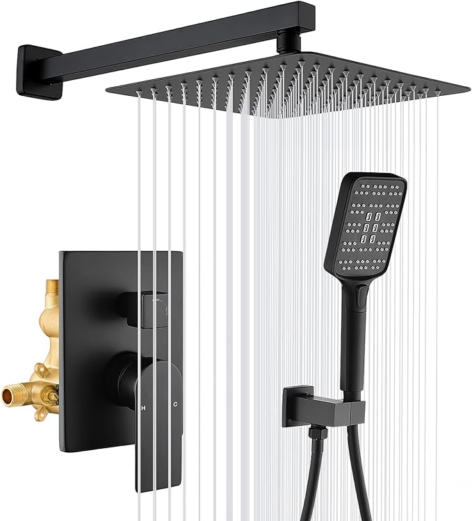 Shower Faucet Set Matte Black Shower System with 10 Inches Stainless Steel Rainfall Shower Head Pressure Balance Rough-in Valve Trim Kit Shower Fixture Combo Set,6012B