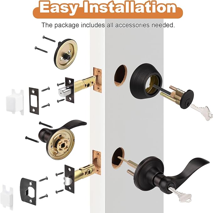 Probrico Oil Rubbed Bronze Exterior Entry Lever and Single Cylinder Deadbolt Combo Pack, Keyed Alike Lockset Handleset for Front Door Entry Lock Set,Drop Shape