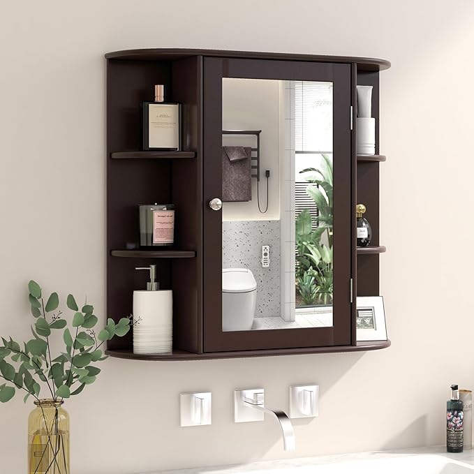 Tangkula Bathroom Medicine Cabinet with Mirror, Wall Mounted Home Storage with Door & 6 Open Shelves, Adjustable Shelves, Mirrored Bathroom Wall Cabinet (Coffee)