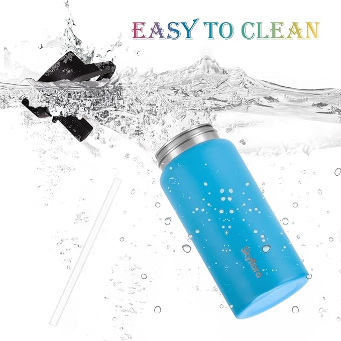 Kids Water Bottle with Straw, 16oz Cute Water Bottle, Single Wall 18/8 Stainless Steel, Dishwasher Safe & Leakproof, Reusable Gift for Girls Boys to School Sports Travel Camping, Blue