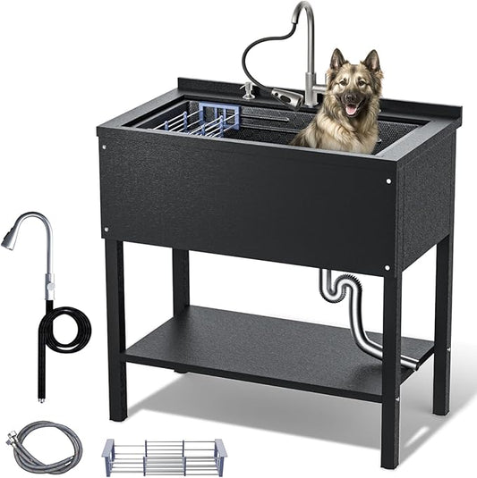 36" Stainless Steel Utility Sink, Freestanding Kitchen Sink with Faucet, Hoses and Drain Basket, Commercial Sinks for Garage, Kitchen, Bathroom, Laundry Room