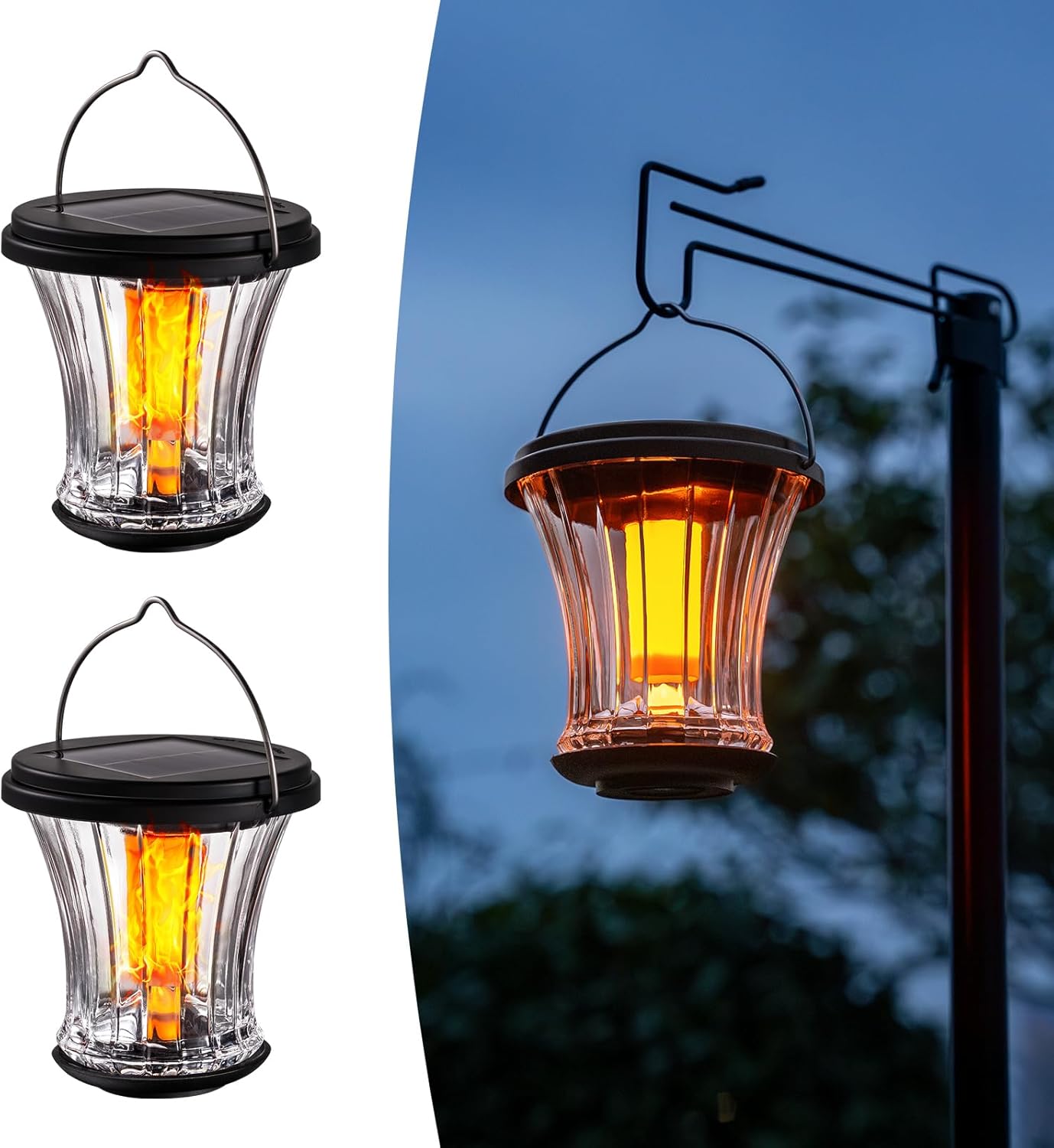 Glass Solar Lantern Outdoor Lights Waterproof, Flickering Flame Solar Lights with Modular Design, Auto On/Off Decorative Hanging Lanterns for Patio Garden Pathway Camping Deck Yard (2 Pack)