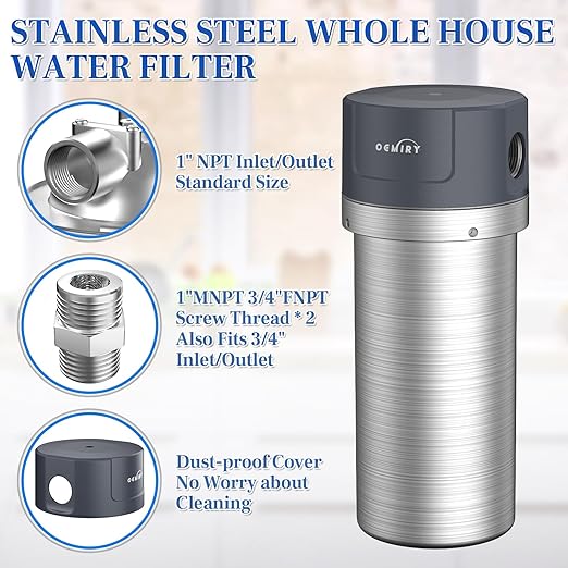 Stainless Steel Whole House Water Filter System, Fits Both 1”and 3/4” Inlet/Outlet – Reduce Sediment, Rust and Grit, Improve Tap Water Taste, Protect Appliances (1 Filter Included)