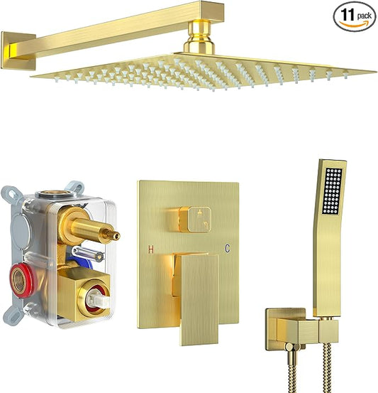 Shower Faucet Set, Shower System with 12 Inch Rain Showerhead and Handheld Shower, Wall Mounted High-Pressure Showerhead Combo Set Included Valve and Trim, Brushed Gold