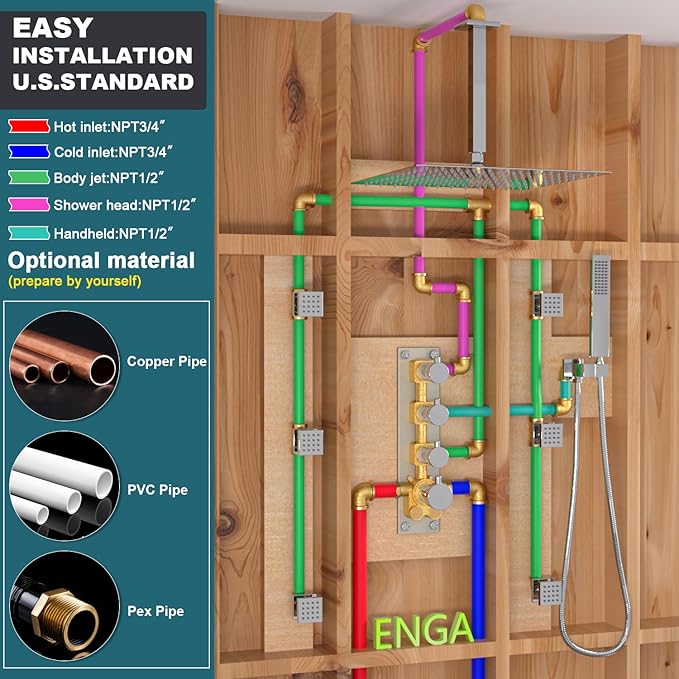 Enga Shower Jets System in Wall, 16 Inch Rain Shower Head with Body Spray Thermostatic Shower Faucet Set, Can Use All Functions At a Time (Volume Adjustable)