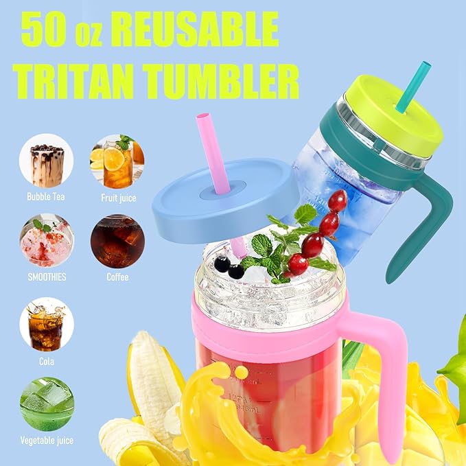 Tronco 50 oz Tritan Plastic Tumbler with Lid and Straw, BPA-Free Reusable Clear Water Bottle with Time Marker, 100% Leak Proof & Wide Mouth for Iced Coffee, Juice, Bubble Tea, Smoothies