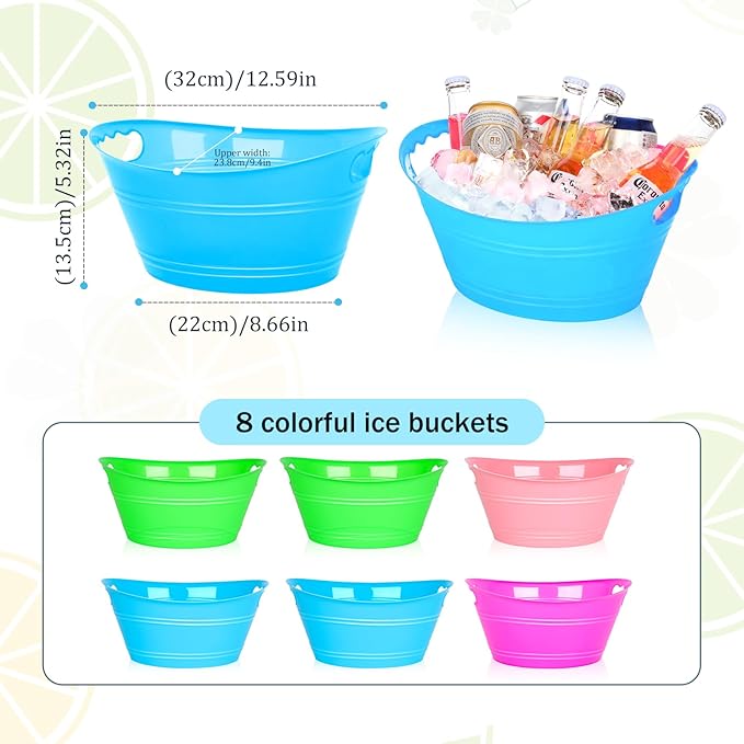 8Pcs Ice Bucket, Plastic Ice Buckets for Parties, Drink Buckets with Handles Beverage Buckets Oval Storage Plastic Tub for Wine Beer Champagne Bottles, 4.3Liter (set-2)