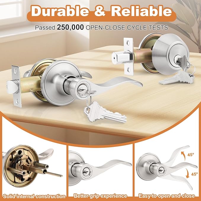 Probrico Entrance Door Lever Deadbolt Sets 3 Set Satin Nickel Exterior Entry Lever and Single Cylinder Deadbolt,Keyed Alike Combo, Keyed Handleset Lockset Exterior(for Front Door and Outside Gate)