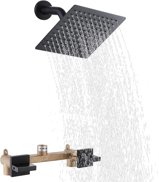 2 Handles Shower Faucet Set,Two Handle Shower with 8'' Stainless Steel Shower Head Combo Set,Single Function Shower Trim Kit with Rough-in Valve,Matte Black