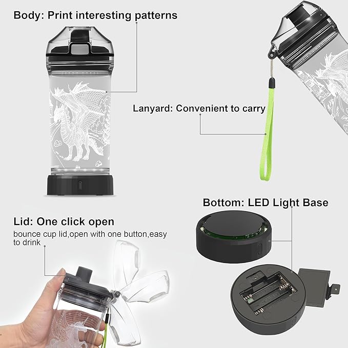 Ammonite Dragon Kids Water Bottle with 3D Glowing LED Light - 14 OZ Tritan BPA Free - Creative Ideal Travel Cup Gift for School Kid Boy Child Holiday Camping Picnic